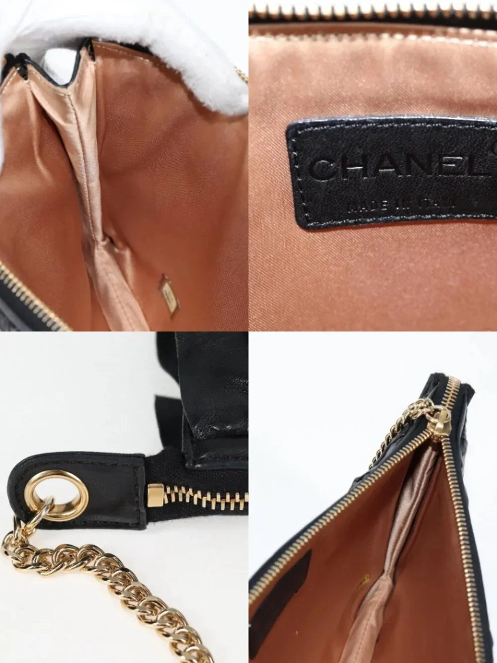 CHANEL Chain Gathered Hand Bag Lamb Skin Black Gold CC Auth yk18016M